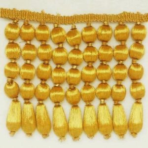 Gold Metallic Beaded Tassel Fringe – Silk-Wrapped Bauble & Chainette Trim